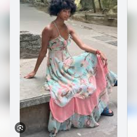 H&M Limited Edition Chiffon Boho Maxi Sundress In Pastel Print Blue/pink. Size 2 - Picture 5 of 15